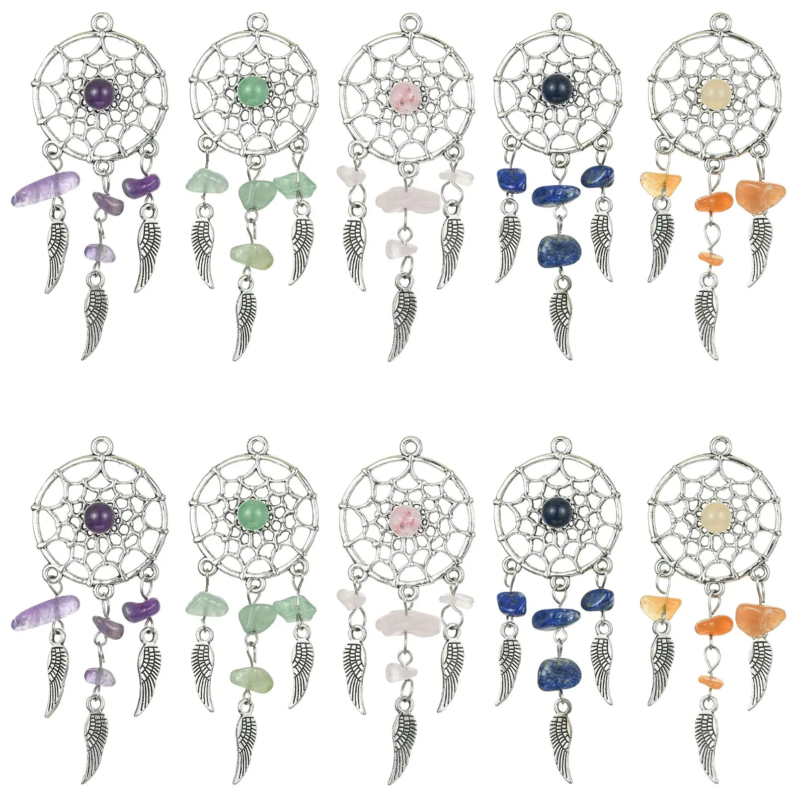 30Pcs 5 Styles Antique Silver Dream Catcher Charms with Natural Mixed Stone Chips Feather Wings Charms for Jewelry Making