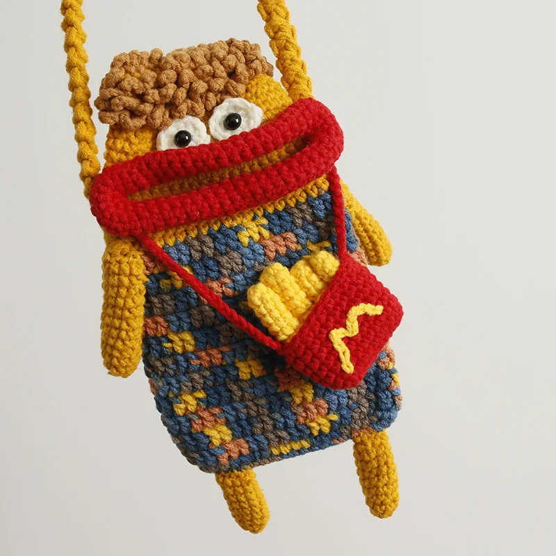 Creative hand-woven sausage mouth messenger bag, ugly cute wool crocheted mobile phone bag, cartoon cute women's bag
