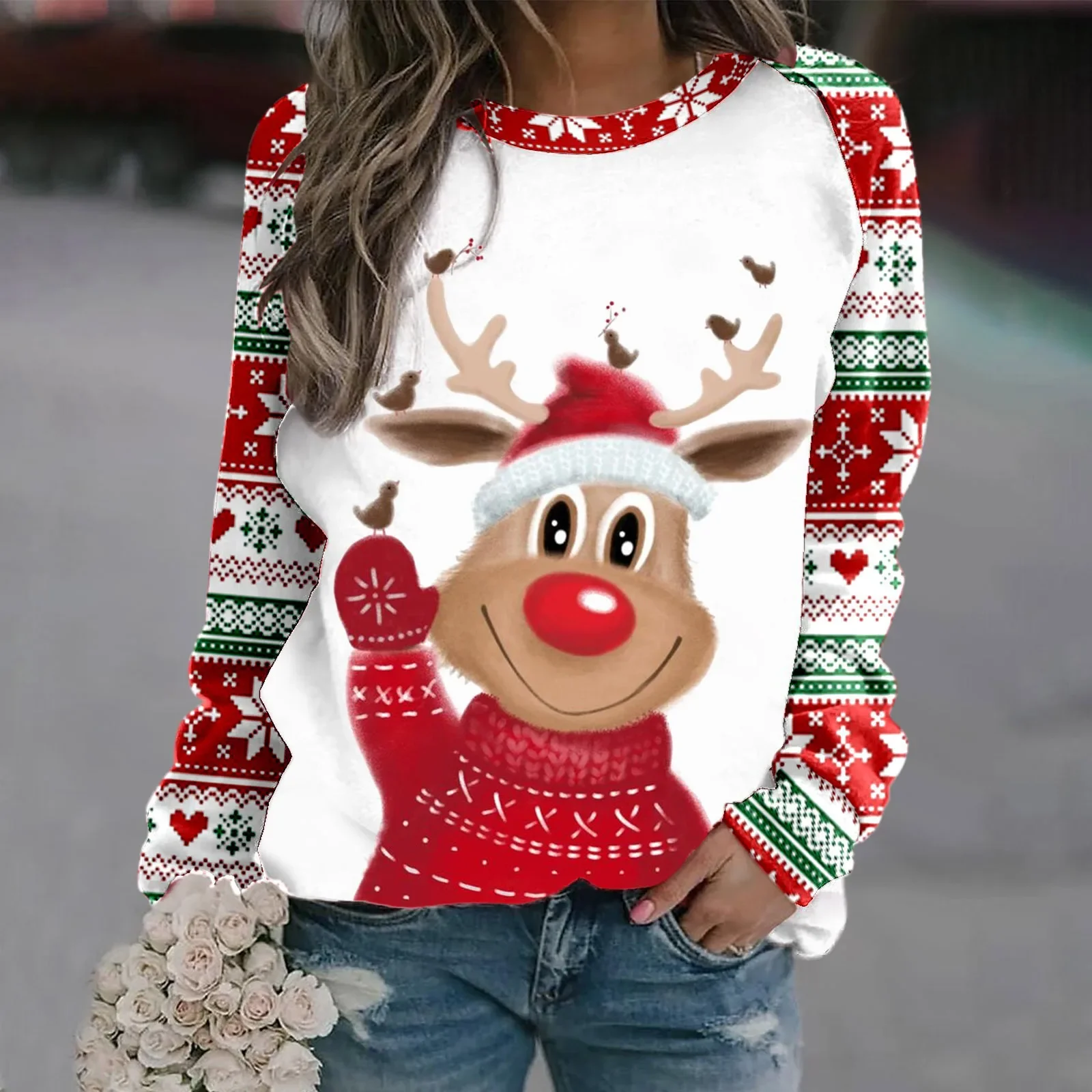 2024 Hot Sale Unisex Round Neck Sweater Christmas Style 3D Printed Street Style Ladies Pullover