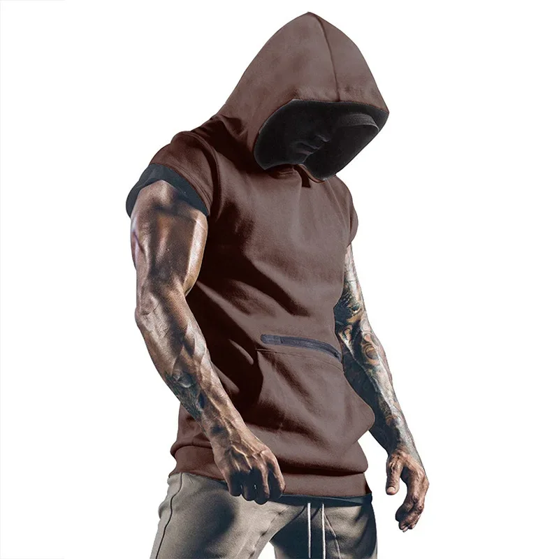 2024 summer men's sports hooded sleeveless vest European and American men's fitness vest new T-shirt tank top gym clothing