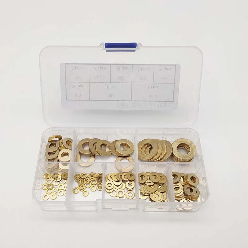 180Pcs Messing Flache Scheibe Sortiment Set mit Box M2/M2.5/M3/M4/M5/M6/M8/M10 Metall Scheiben