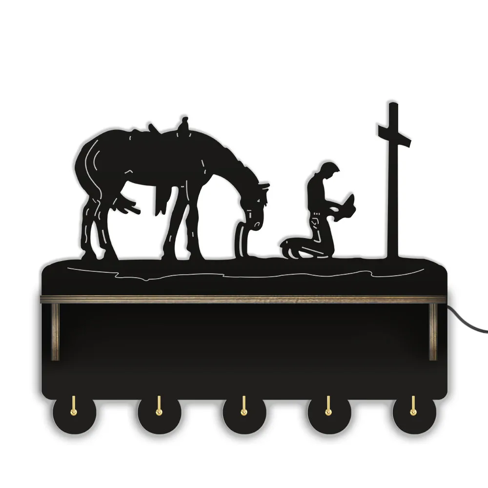 Cowboy With Horse At The Cross Praying Wall Mounted Key Organizer with 5 Key Hooks Christian Entryway Organizer Display Rack