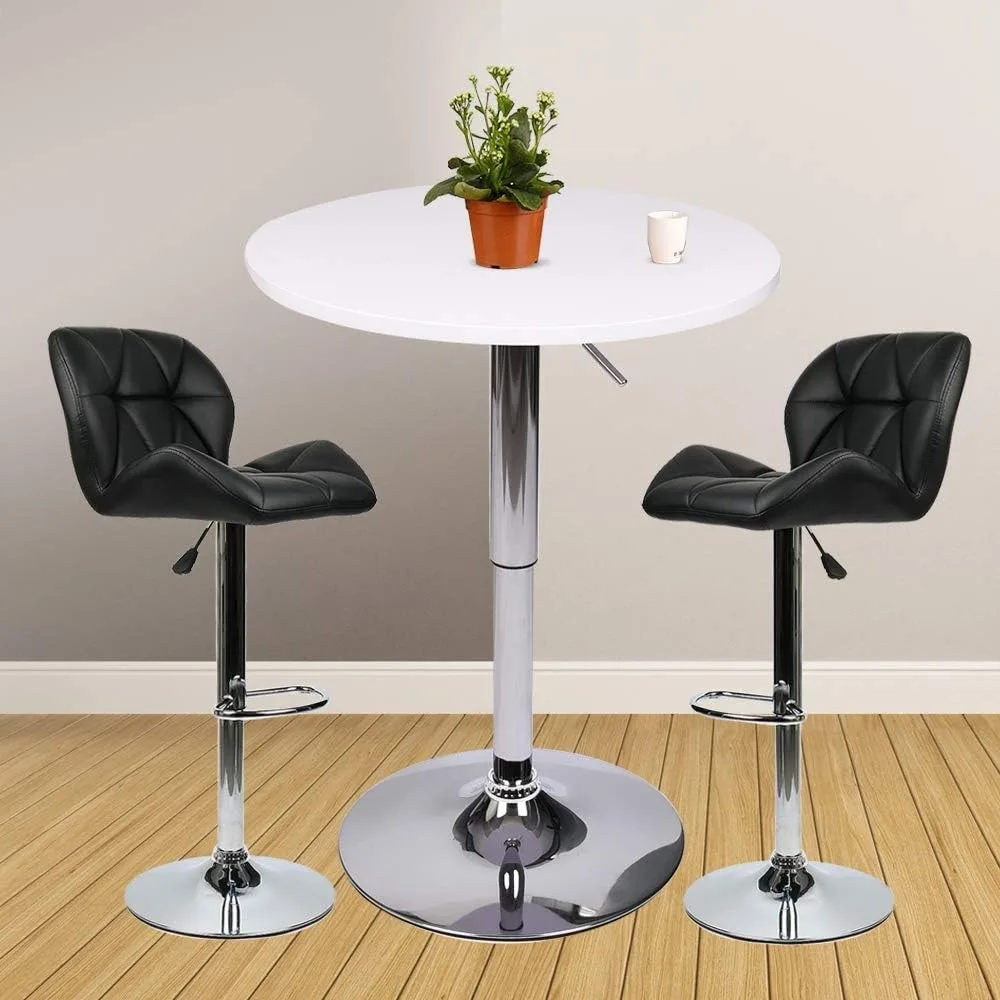 

Bar Table and Chairs Set of 3 White Height Adjustable Round Pub Desk and 2 Black Swivel Counter Height Barstools