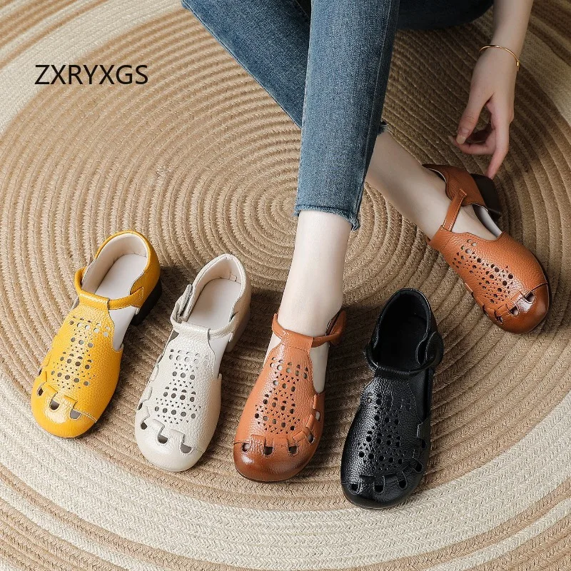 ZXRYXGS Promotion Summer Genuine Leather Round Toe Women Hole Hole Sandals Breathable Comfortable 2026 Elegant Mid Heel Sandals