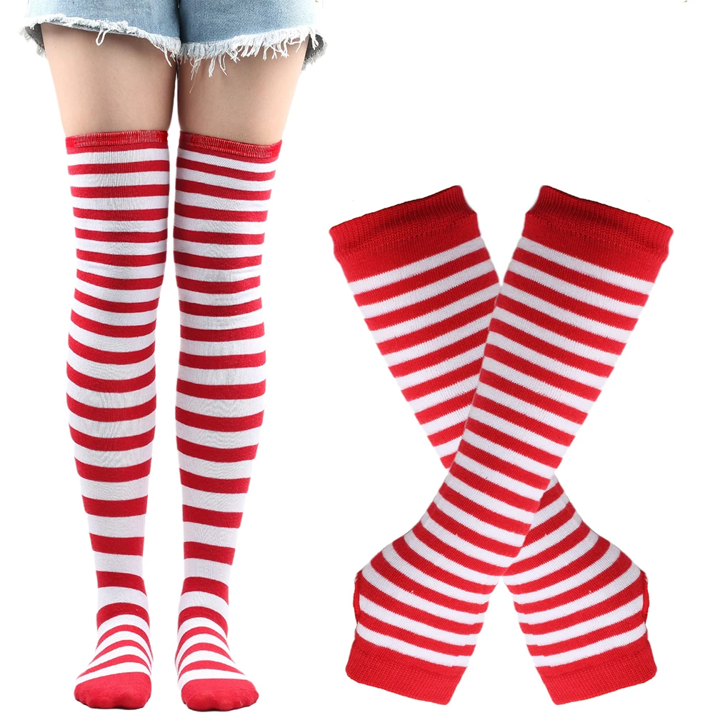 1 Pair Of Women Striped Christmas Stocking Gloves Sock Set High Overknee Cosplay Party Unique Present