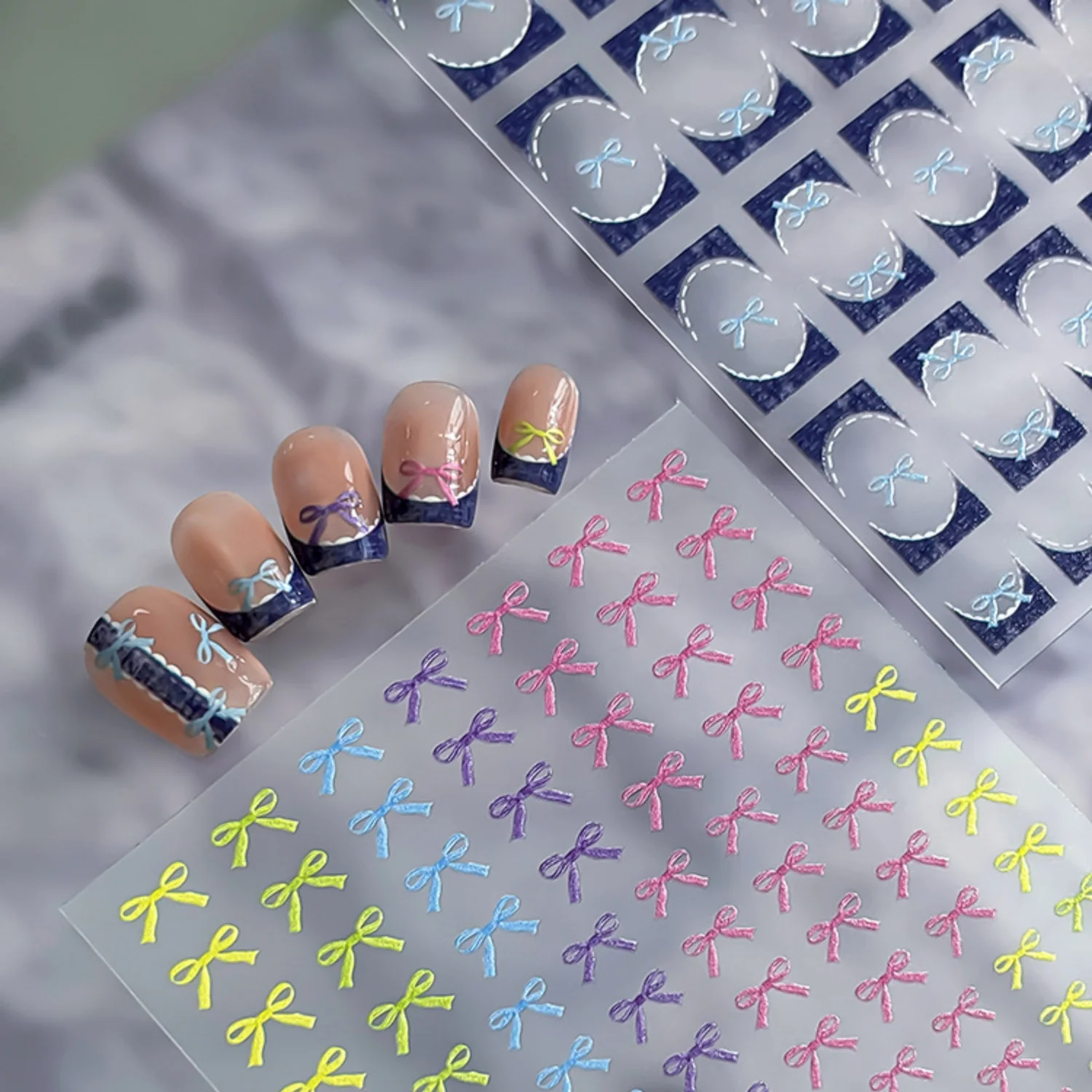 Retro Denim Blue Plaid 5D Nail Art Stickers Bow Square Frame Arc Half Grid Strip Embossed Bowknot Self Adhesive Manicure Decal