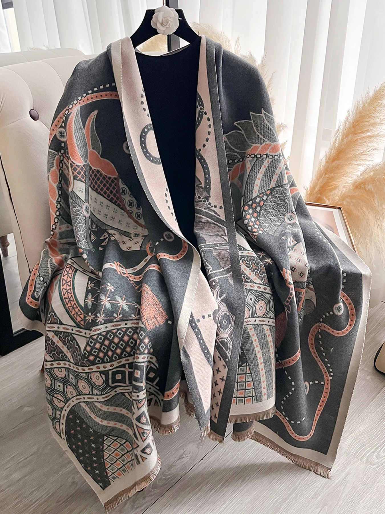 Eleganter Pashmina-Schal mit Pferdemuster für Damen, luxuriöser Kaschmir-Schal, dick, warm, Herbst- und Winterdecke, Stola, langes Design – Detail 17