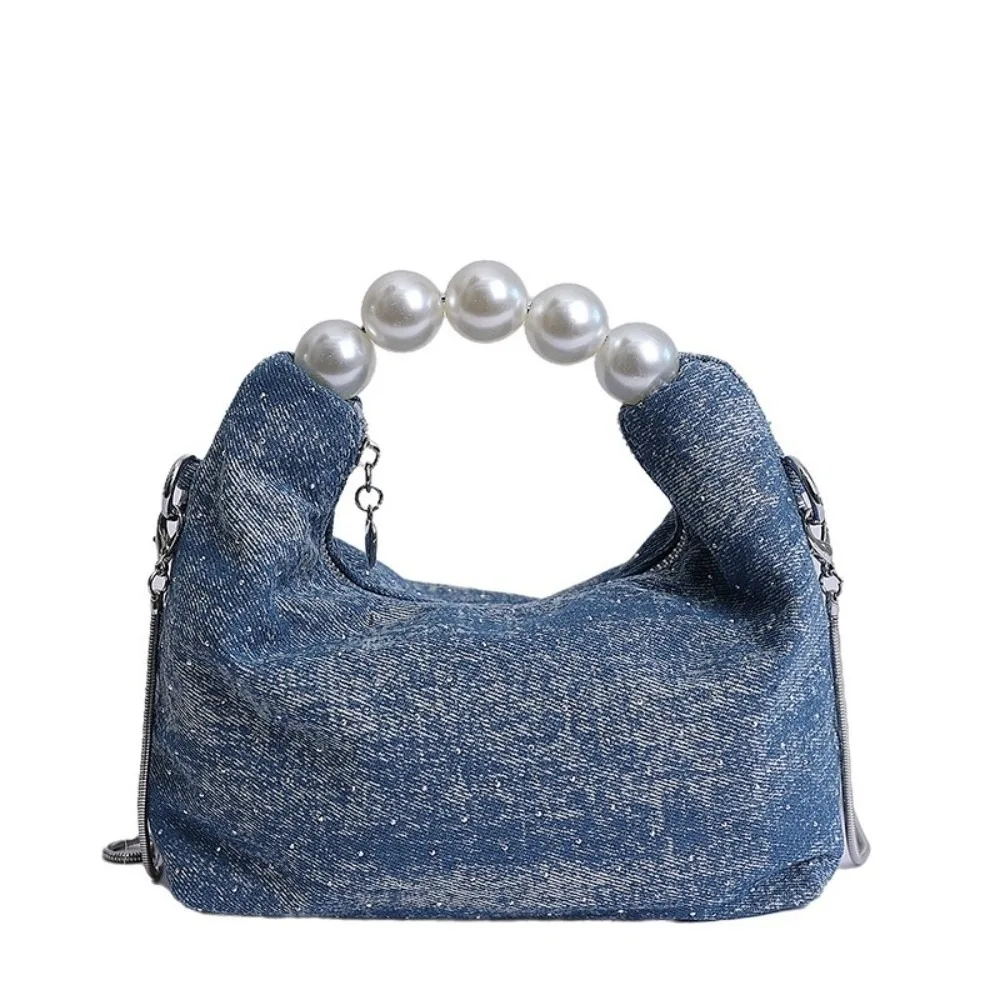 

Trendy Korean Pearls Denim Bag Square Small Denim Crossbody Bag Casual Rhinestones Women's Handbags Purse