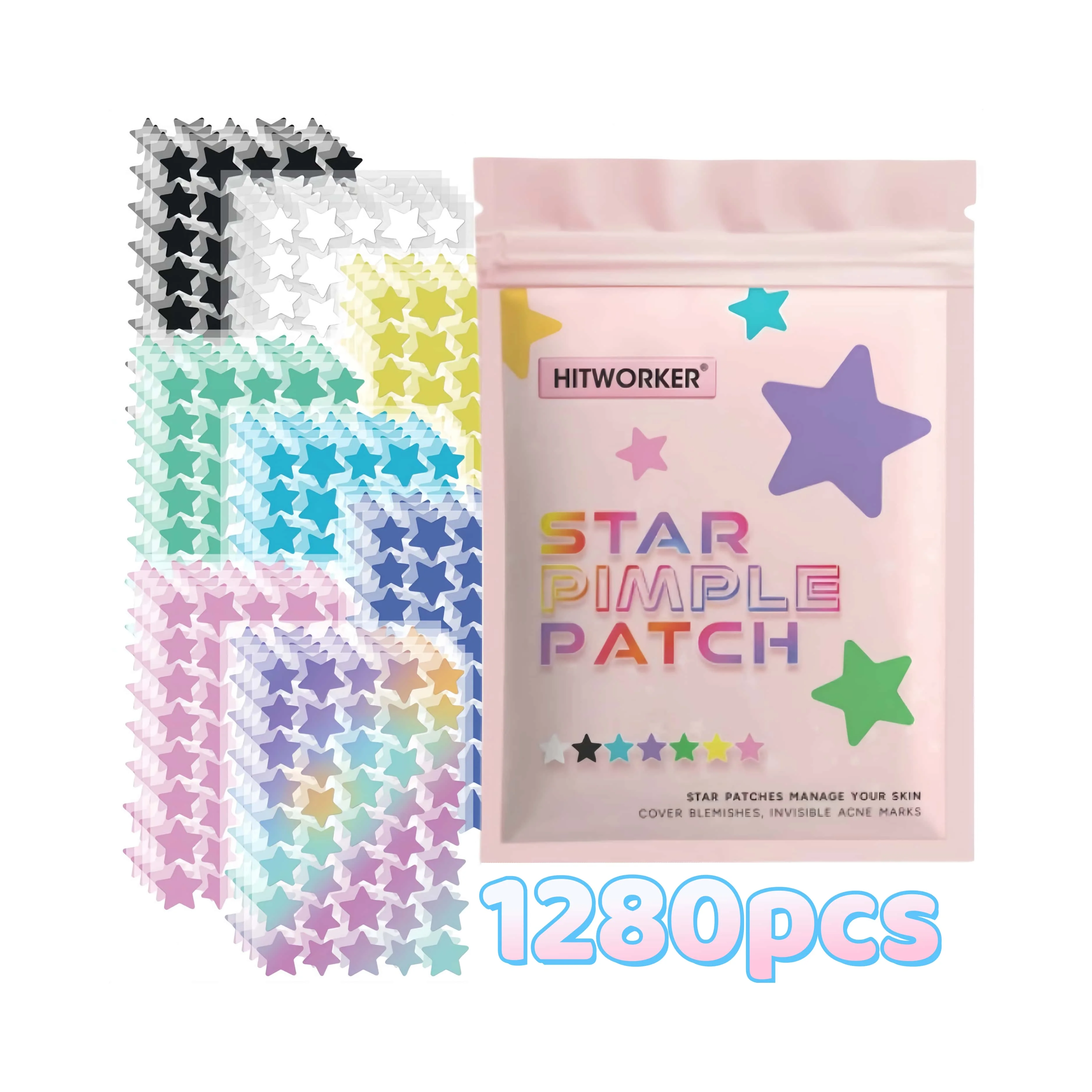 1280pcs Star Shape Acne Patches, 2 Sizes, 8 Colors, Covers Acne, Conceals Blemishes, Cleanses Skin, Adhesive Face Stickers