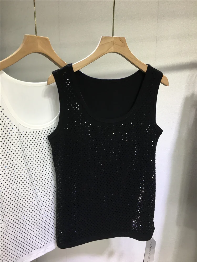 Heavy Embroidery Hot Drilling Shiny Vest Top Women 2024 Spring New Cotton Versatile Round Neck Sleeveless Knitted Sweater Top