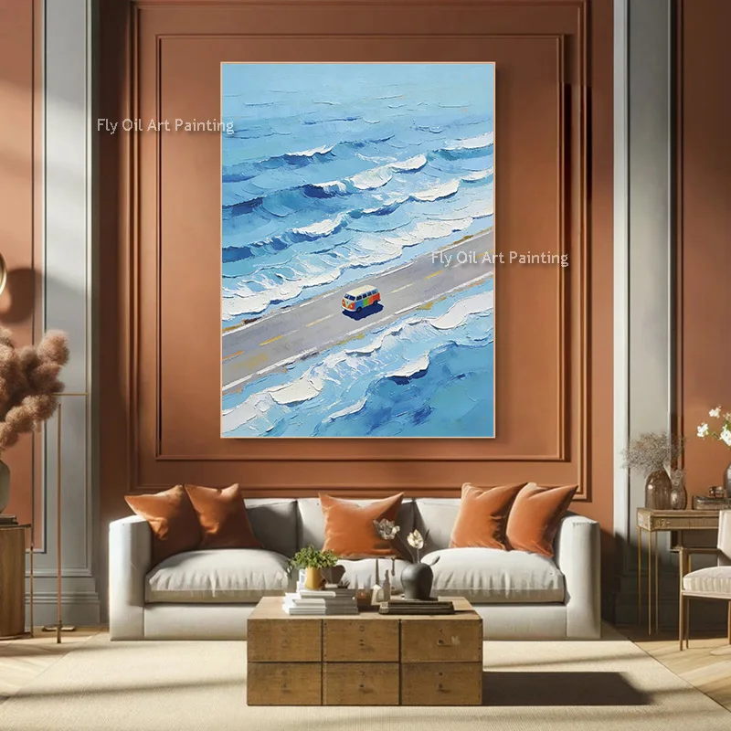 Popular Design Blue White Seascape Ocean View Canvas Artwork For Room Decor White Grey Car Driving Handmade Canvas Oil Painting