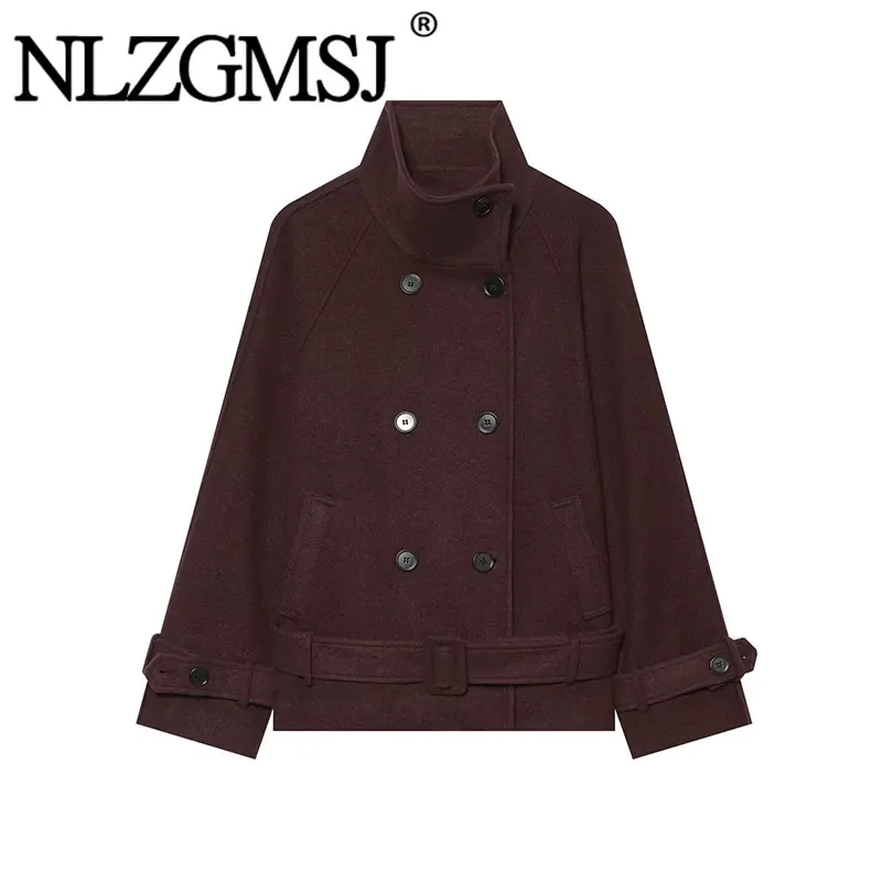 Nlzgmsj 2026 Autumn Women Stand Collar Blend Coat Double Breasted Belted Waist Long Sleeve Raglan Sleeve Fashion  Jacket