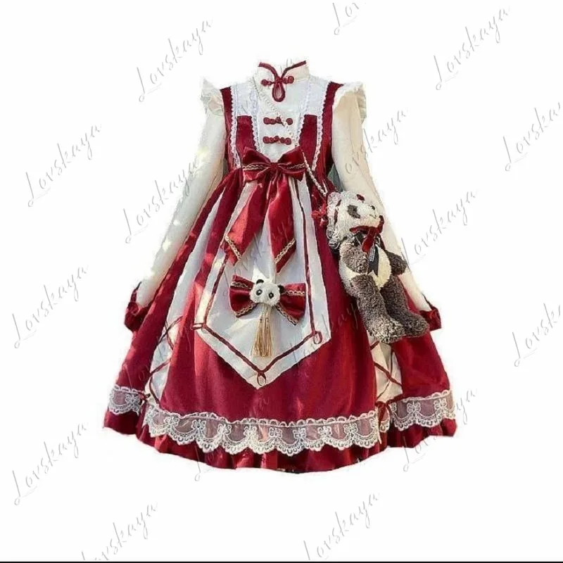 Lolita Red Cheongsam Single Dress with Bow Op Kitchen Maid New Year Style