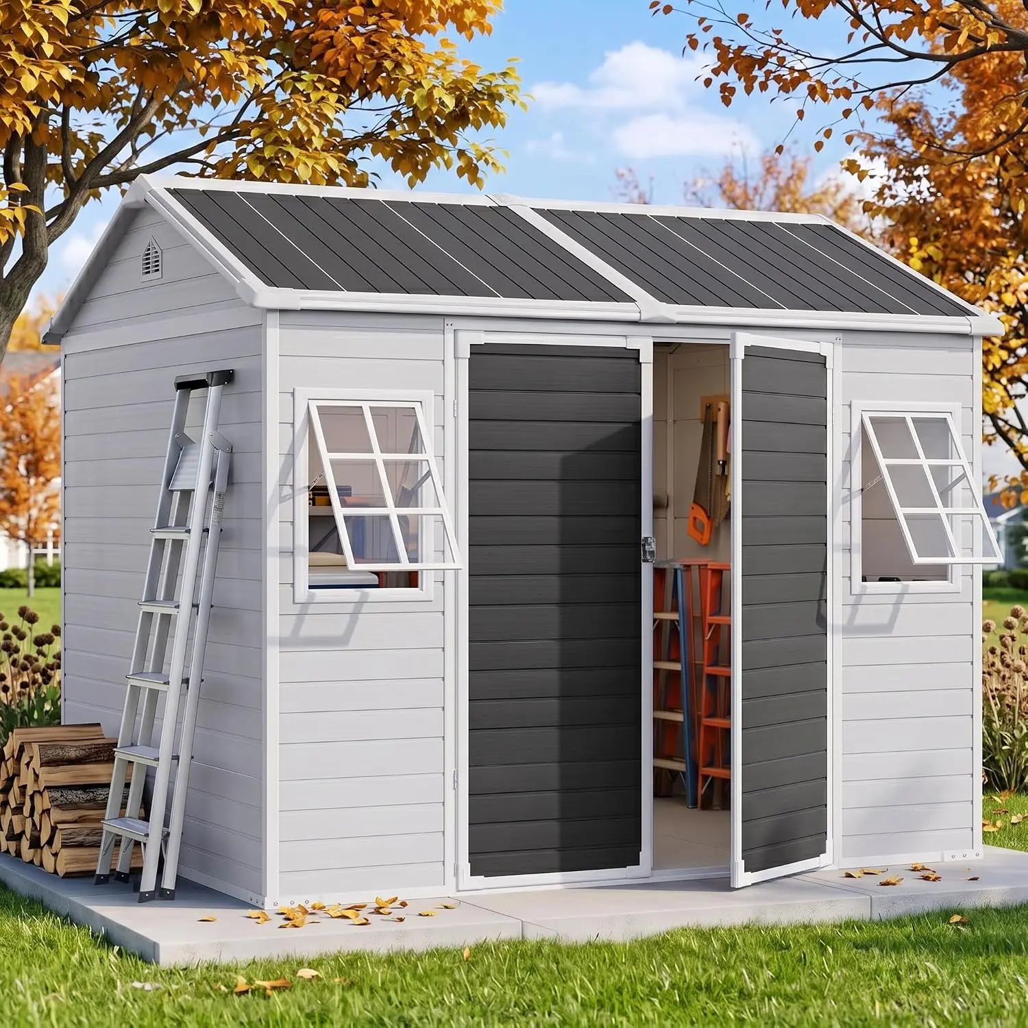 8x6x7 FT Resin Outdoor Storage Shed Floor 6 Adjustable Windows, Customized