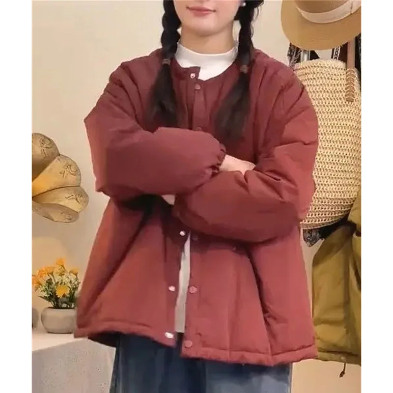 Koreanische Dame Rundhals Parkas Outwear 2025, Femme Lange Ärmel Baumwolle Gefütterte Mantel Winter Frauen Mode Einfarbig Puffer Jacke