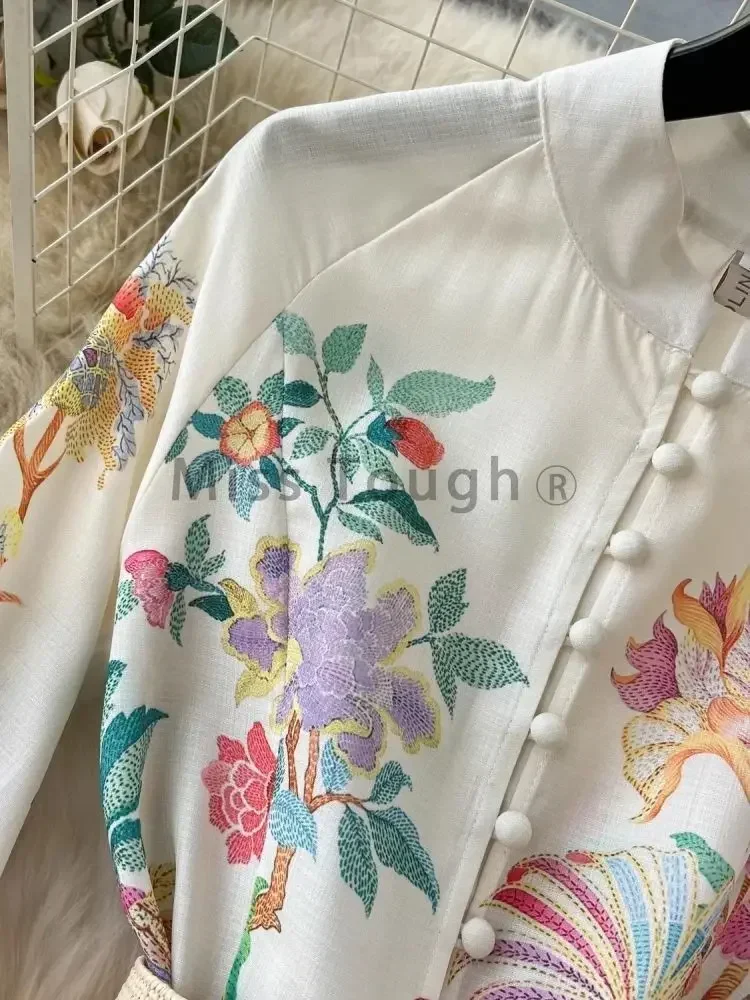 French Elegant Linen Floral Holiday Robe Dress Women Spring Summer Stand Long Lantern Sleeve Sashes Vestidos Flral Print Clothes