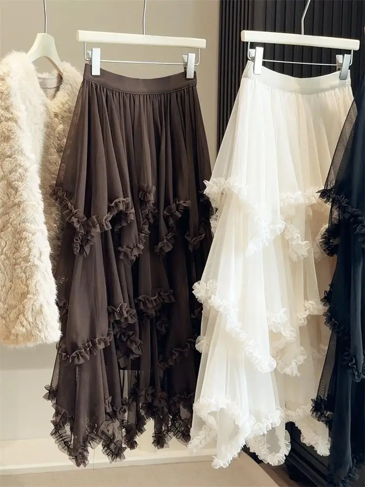 

Новая женская юбка-футляр с асимметричным кружевом, весна 2026, очень элегантная, многослойная, с завышенной талией, А-силуэт, повседневная