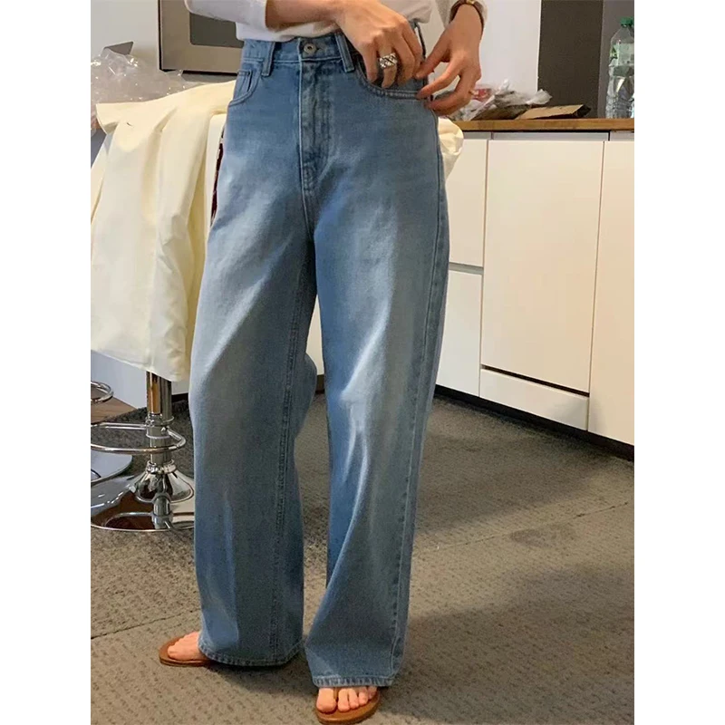 

Selfwill High Waist Straight Leg Jeans Women's Vintage Waed Faded Denim Pants Spring Collection Classic Blue Long Trousers