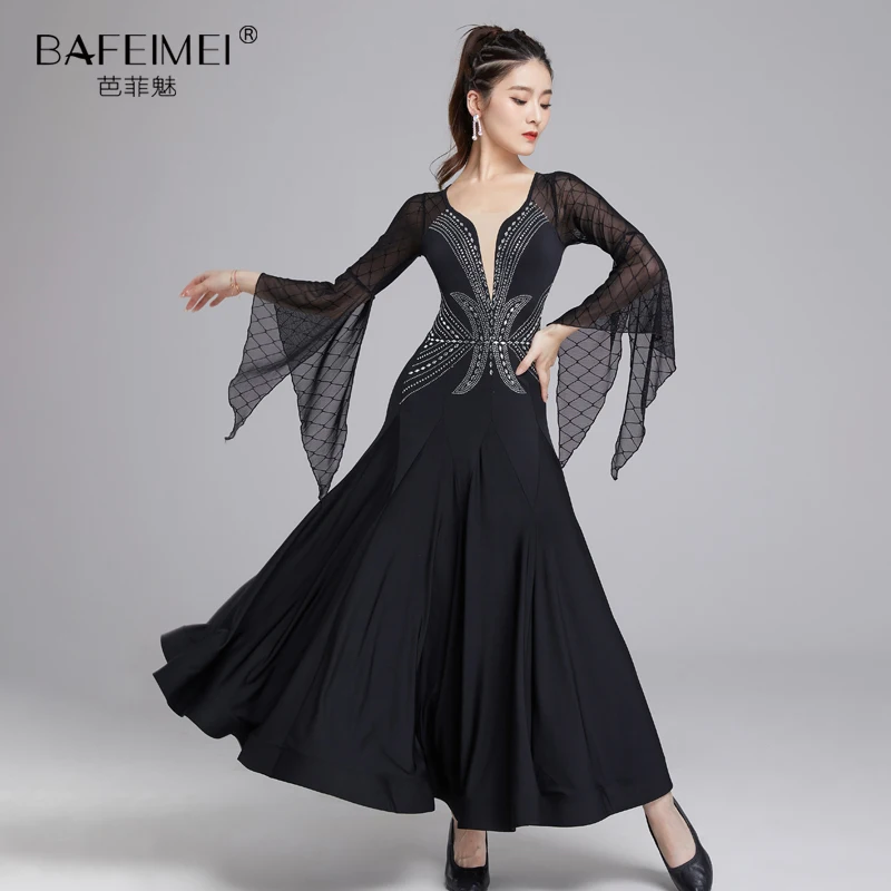 Vestido de dança moderna latina feminino, novo vestido de dança de salão, valsa, manga de chifre, grande vestido de performance de prática 9026