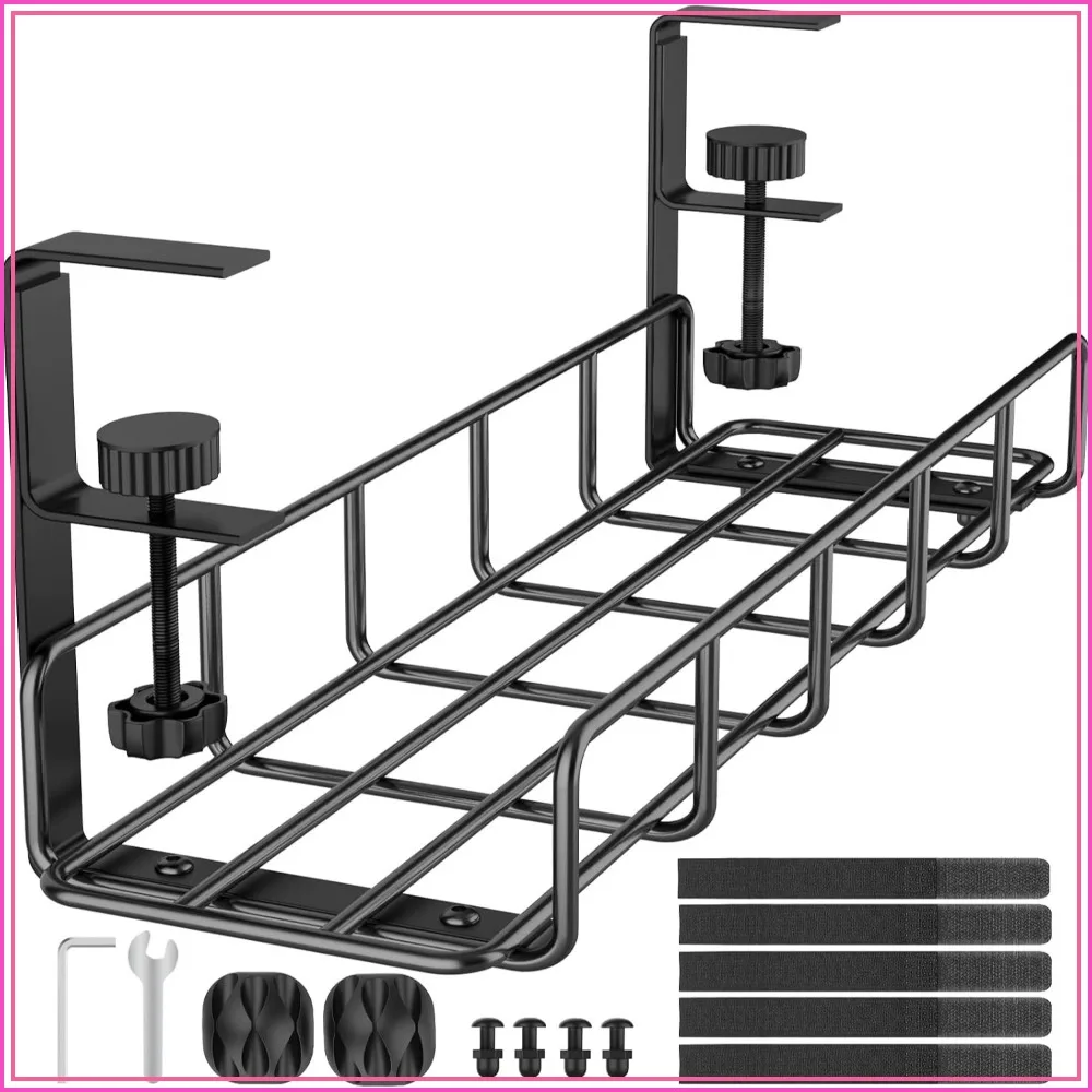 No Drill Steel Cable Management Tray, 15.7" Under Desk Wire Organizer with Clamp Mount, Black