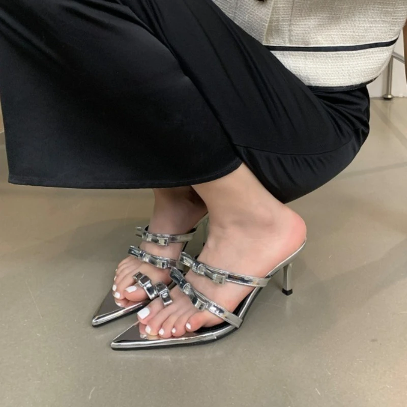 

Летние модные элегантные женские шлепанцы Aneikeh с узким ремешком и бантом-бабочкой, дизайнерские туфли-слиперы с заостренным носком на тонком высоком каблуке