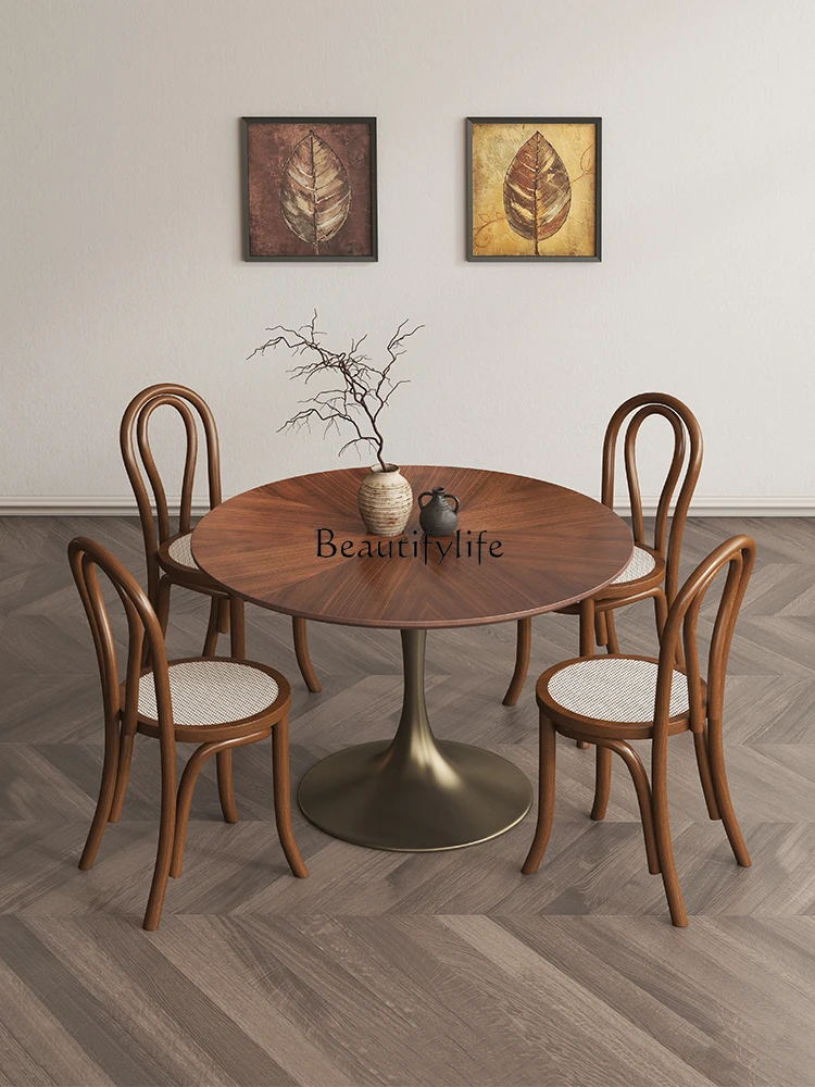 American Retro Style Solid Wood Round Table Black Walnut Household Small Apartment Dining Tables and Chairs Combination