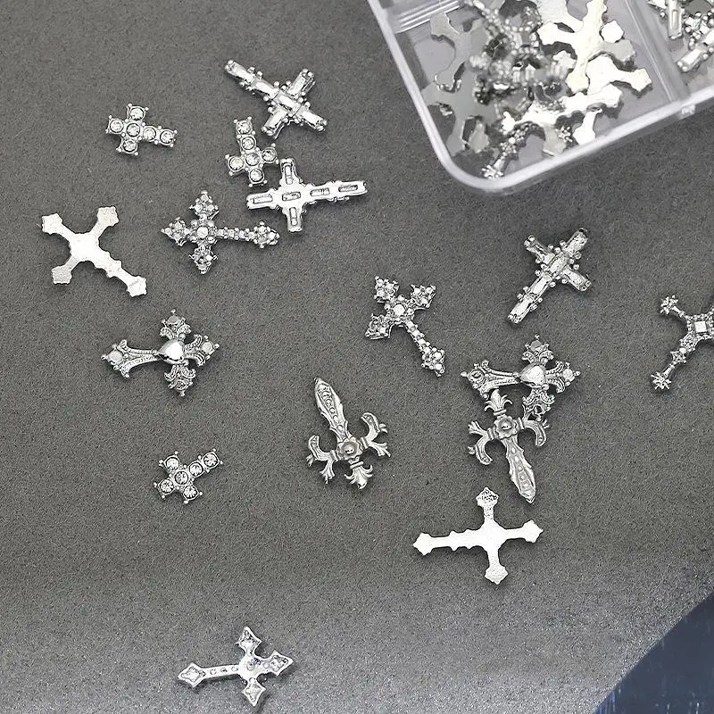 Retro 3d Cross Nail Charms 6 Size Mix Punk Cross Nail Decorations For Manicure DIY Alloy Metal Studs Nail Jewel.~