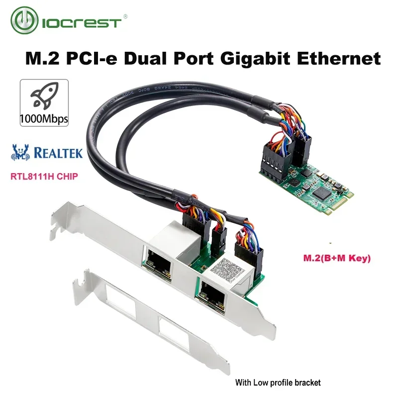 Iocrest M.2 (B/M Key) pci-E Interface Dual Port Gigabit Ethernet Modules 1000Mbps 1G Nic Netwerkkaart Realtek RT8111H Chipset
