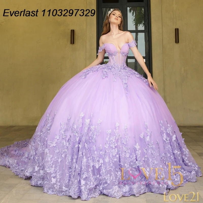 EVLAST فستان Quinceanera وردي أرجواني مخصص فستان حفلة ثلاثية الأبعاد مزين بالدانتيل على شكل زهرة مطرز حلو 16 فيستدوس دي 15 أنوس TQD764