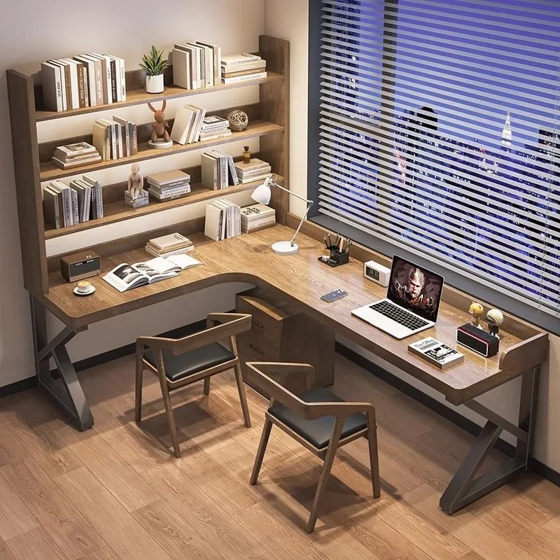 All solid wood corner desk bookshelf integrated combination L-shaped computer desk