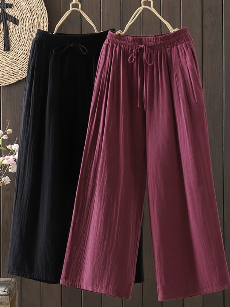 

Ретро двойные марлевые хлопковые широкие брюки женские большие размеры с эластичной резинкой на талии повседневные весенне-осенние удобные дышащие брюки