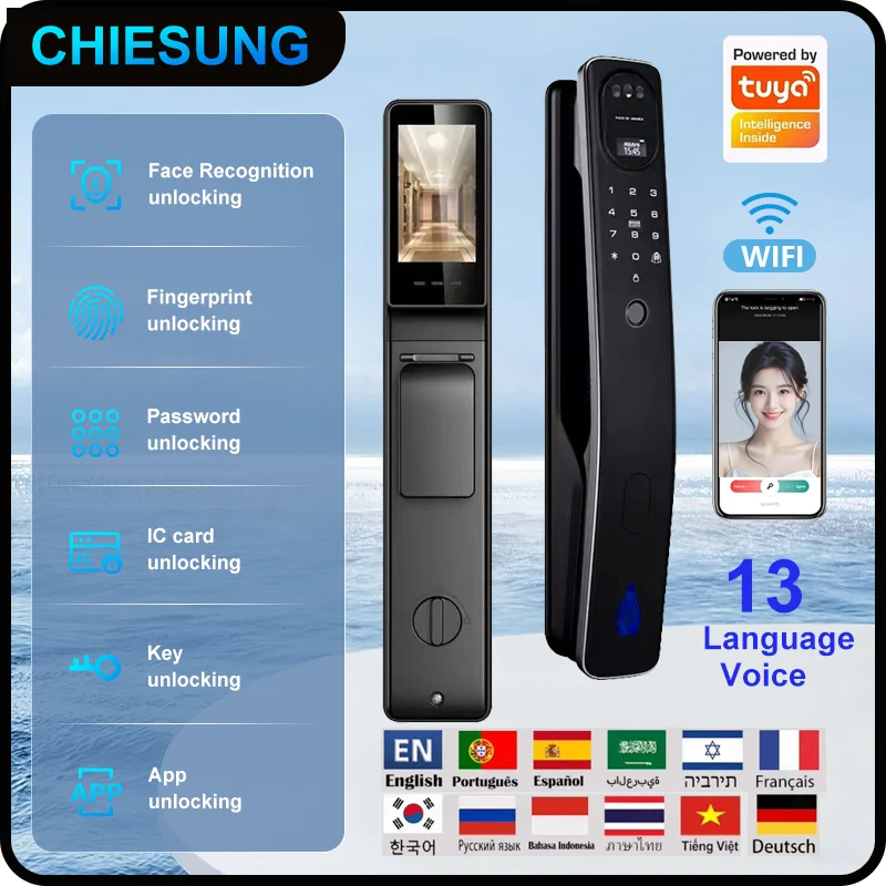 TUYA App 3D face lock with many languages fingerprint  smart door wifi remote photo capture unlocking with App key  RFID Card