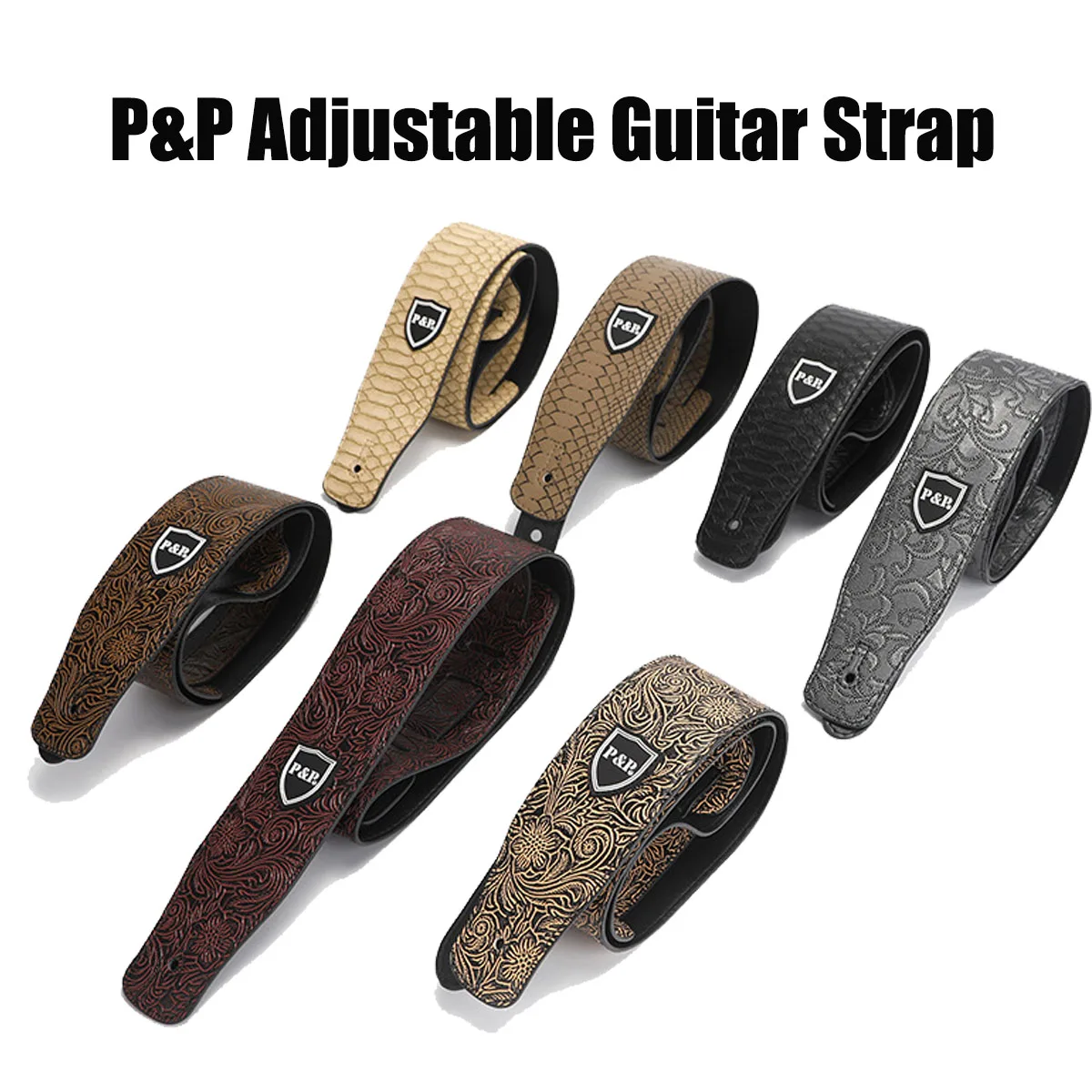 

Профессиональный гитарный ремень P&P | Полиэстер против морщин | Регулируемый 33,8-54,7 дюйма (86-139 см) | Кожаные концы + зажим для скрытого выбора