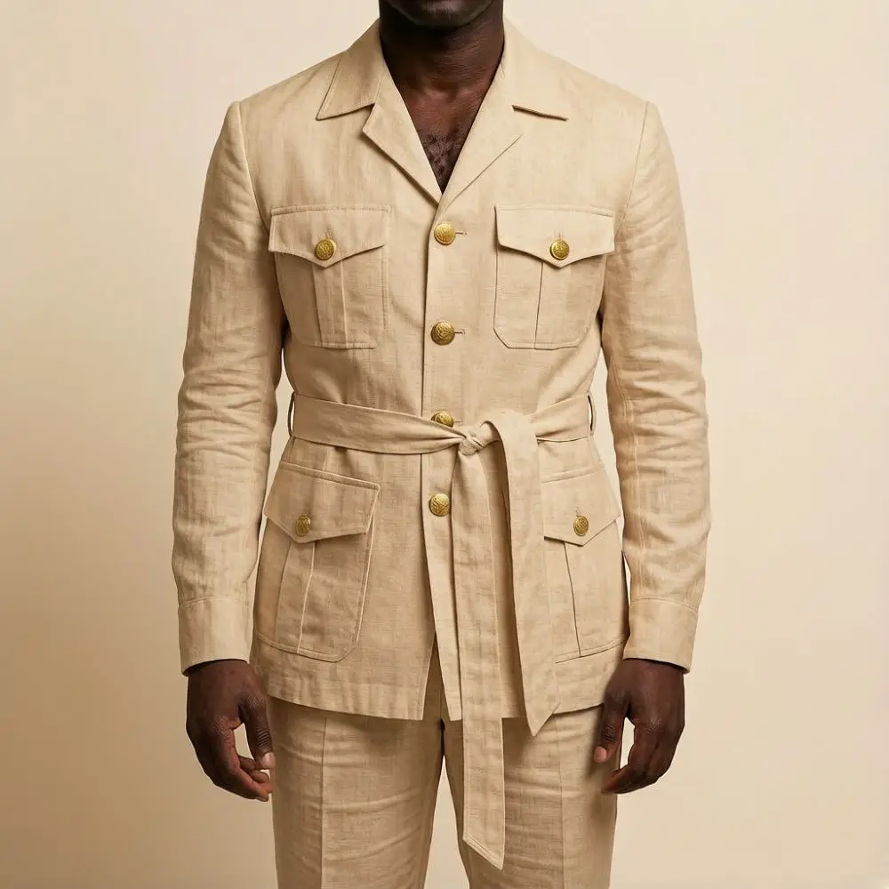 Mens Off White Linen Safari Suits 2 Piece Notched Lapel Prom Suit with Belt Gold Buttons Multi Pockets Beach Summer Wedding view 5