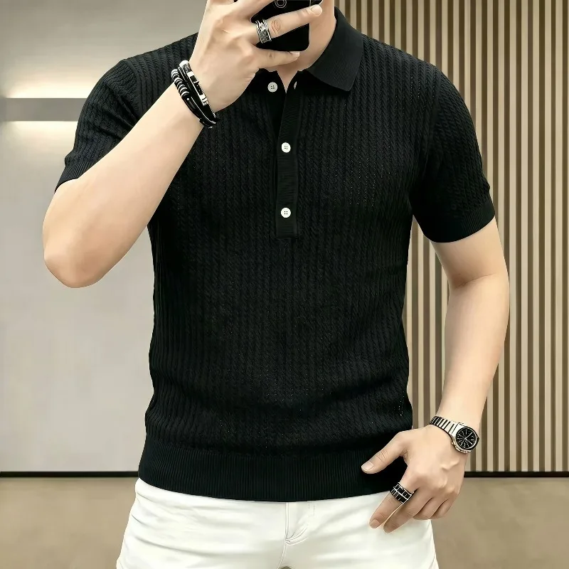 Summer Hollow Knit Polo Shirt Men's Short Sleeved Lapel Ice Silk Breathable T-shirt Solid Color Casual Business Social T-shirts