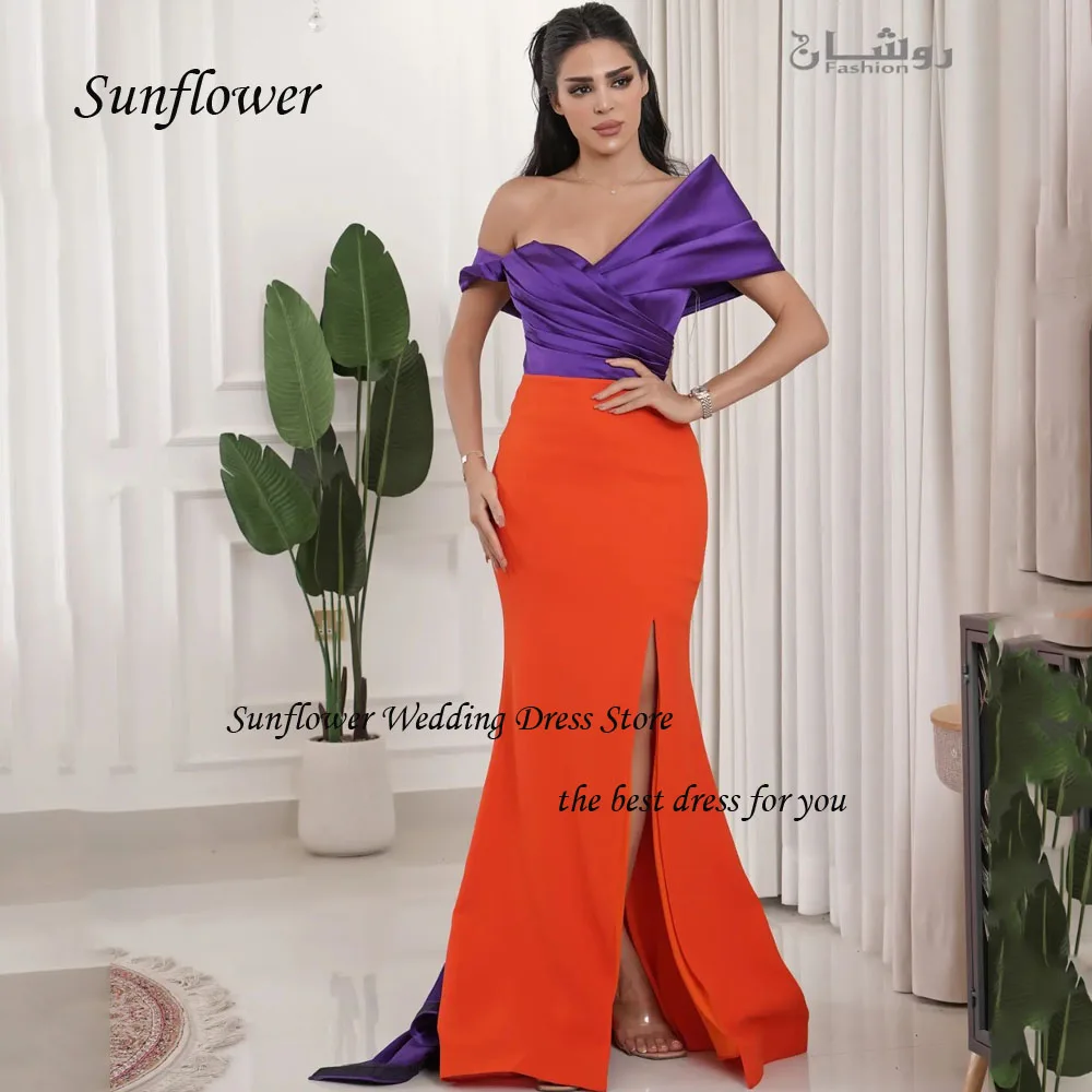 

Sunflower Contrast Color Off the Shoulder Evening Dress 2023 Slim Satin Prom dress Side Split Mermaid Floor-Length Pary Dress