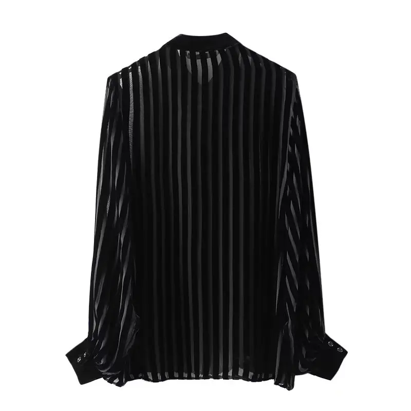 TRAF Striped Velvet Shirts for Women Black Oversize Shirt Woman Long Sleeve Shirts and Blouses Women Semi Sheer Women\'s Shirts