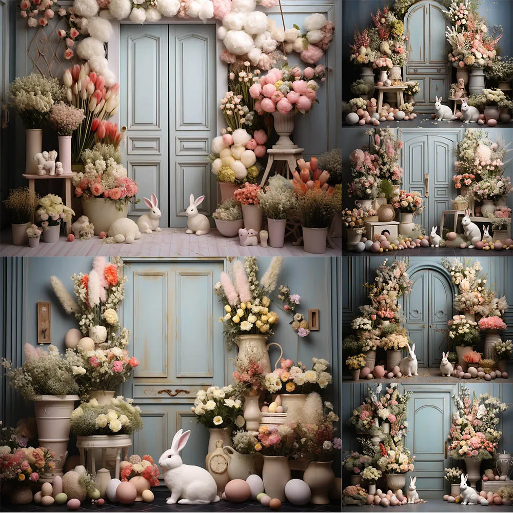 Spring Photography Background Easter Bunny Eggs Garden Flowers Kids Birthday Party Portrait Decor Backdrop Photo Studio Banner