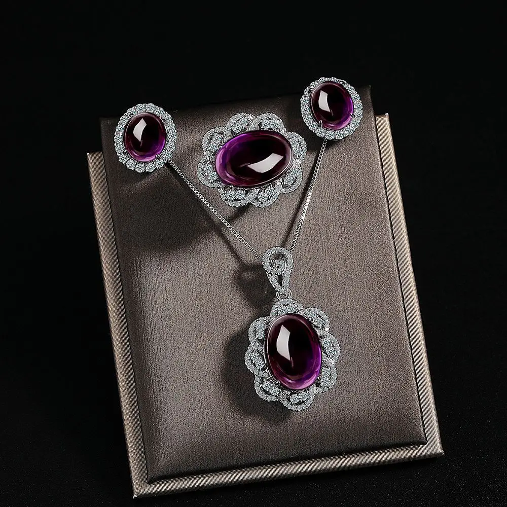 

Стерлингового Серебра 925, фиолетовый бриллиант, кристалл циркона, роскошный браслет, ожерелье, кольцо, день рождения, свадебный комплект, подарок