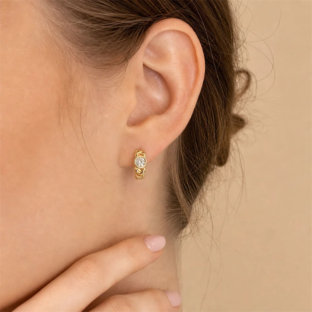 Classic Gold Color Plating Braided Round Clear Zircon Paving Huggie Hoop Earrings For Women Girl Delicate Daily Fashion Jewelry