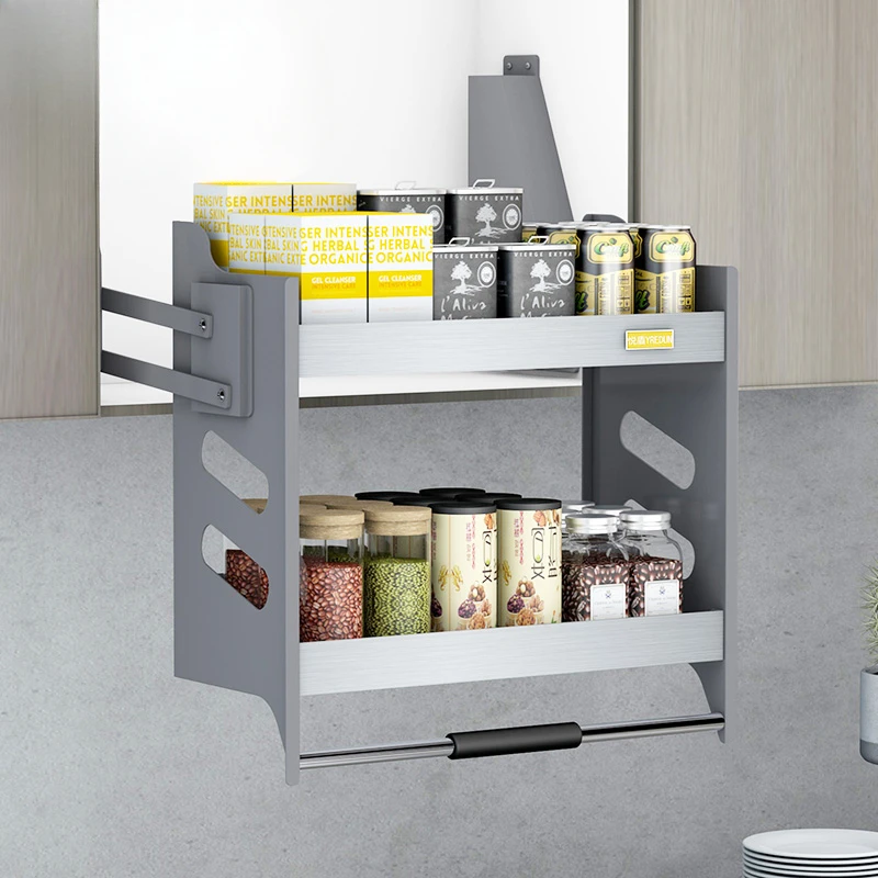 Hanging cabinet lift basket Kitchen drop-down lift seasoning basket Damping stainless steel wall rack