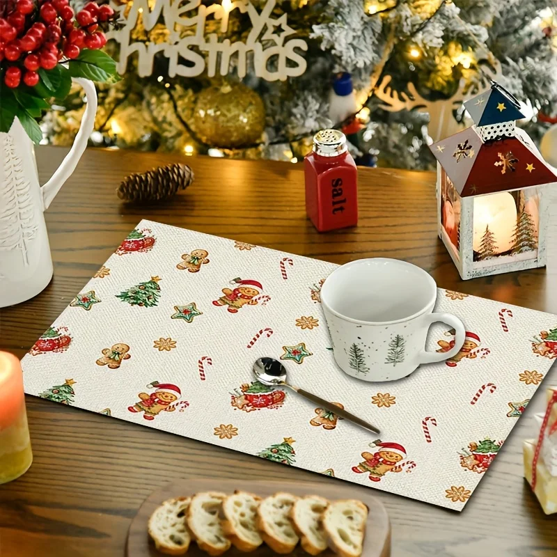 4pcs Christmas Placemat Set, Hand‑Painted Xmas Tree Gingerbread Candy Star Print, Washable for Kitchen Holiday Table Decor