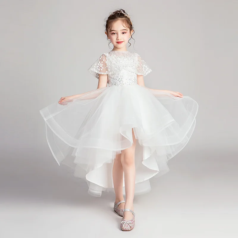 Little Girls Embrdoiery Princess Dress High Low Shawl Tulle Dresses Teen Girls Graduation Party Gown Flower Girls Dress