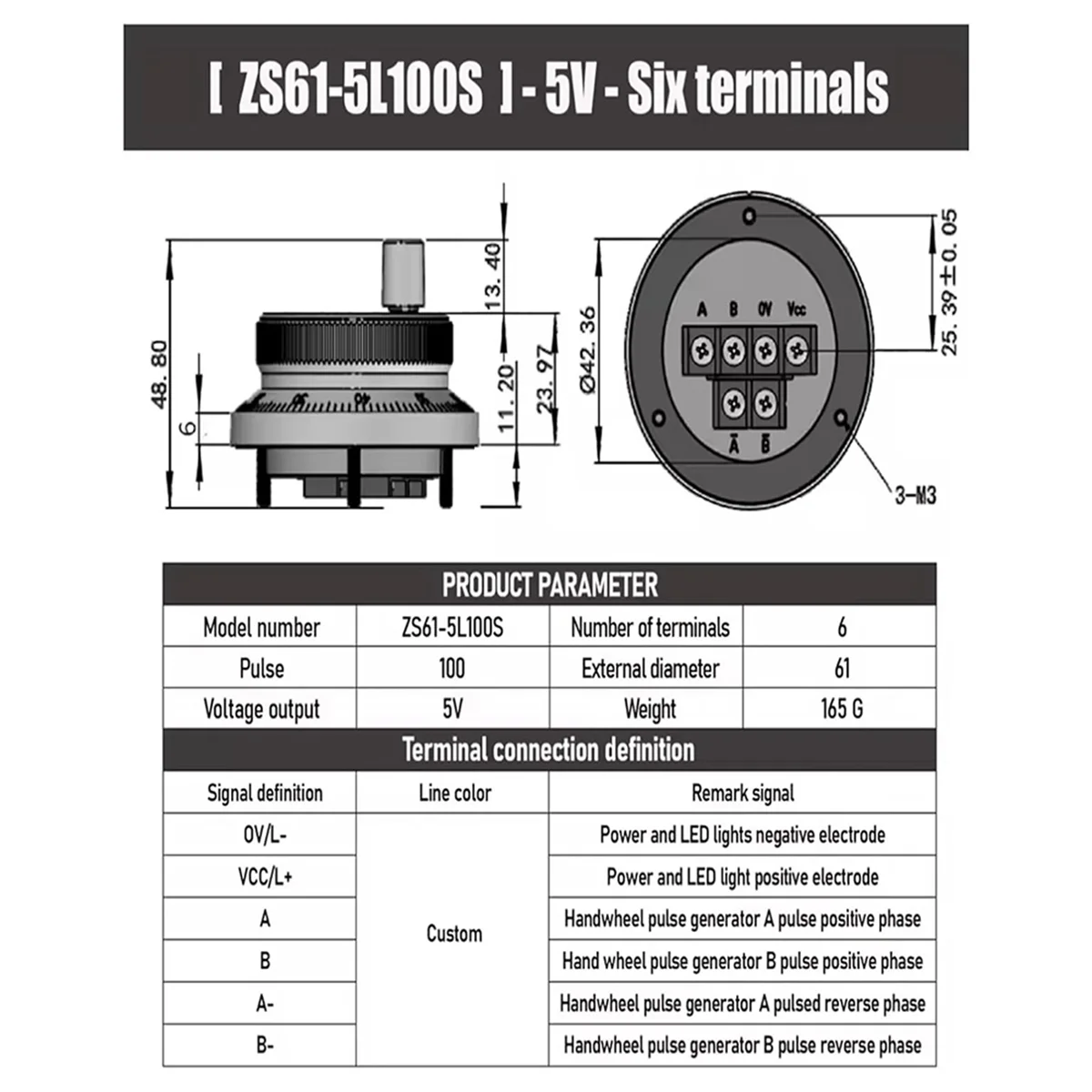 AA25 5V CNC Electronic Handwheel, 6 Terminal 100PPR Manual Pulse Generator Hand Wheel Rotary Knob Encoder with Handle 60mm