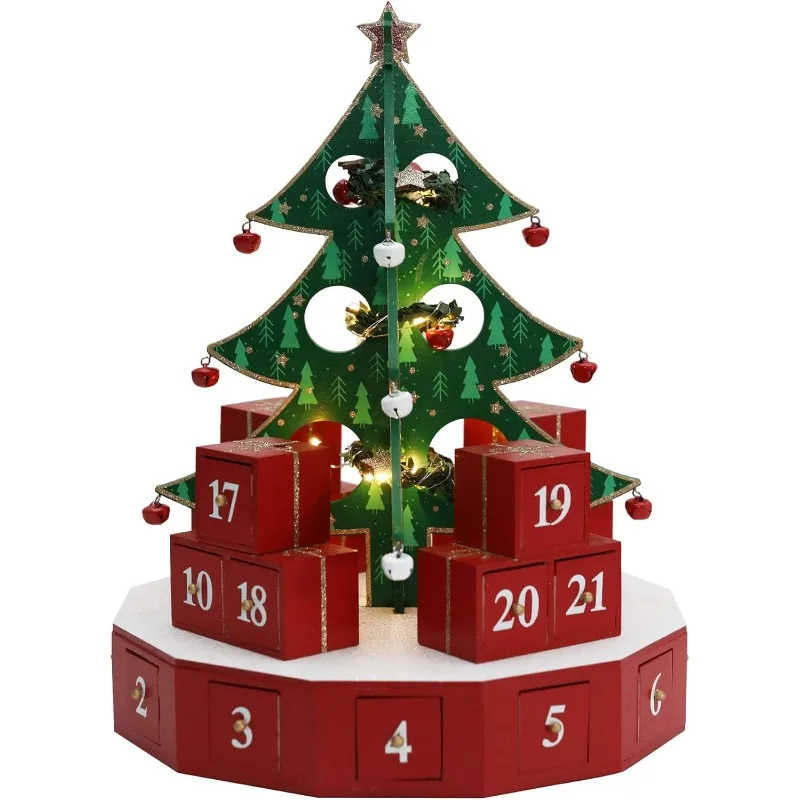 

15 Inch Christmas Wooden Advent Calendar Tree with Drawers and LED lighting for Adults Kids Christmas Countdown Decoration