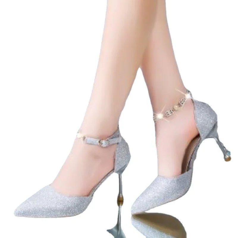 Summer High Heel Sandals Lady 2024Pumps Classic Slippers Sexy Sequins Women\'s New Party Shoes Gold and Silver Wedding Shoes