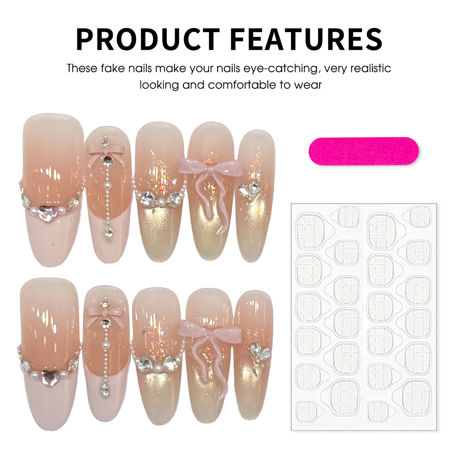 10pcs Long Oval Glitter Cat Eye Press On Nails Almond Shape Fake Nails with Gold Sand Checkerboard Design for Party Wedding Date