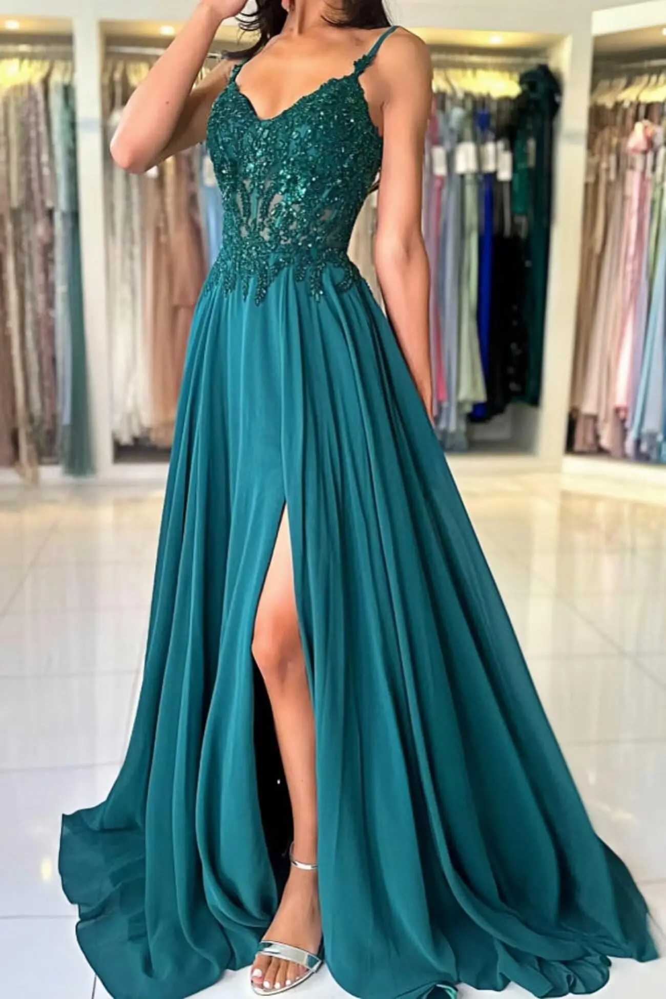 Custom A Line Spaghetti Straps V Neck Long Chiffon Prom Dress For Women With Slit Formal Evening Wedding Party Bridesmaid Dress
