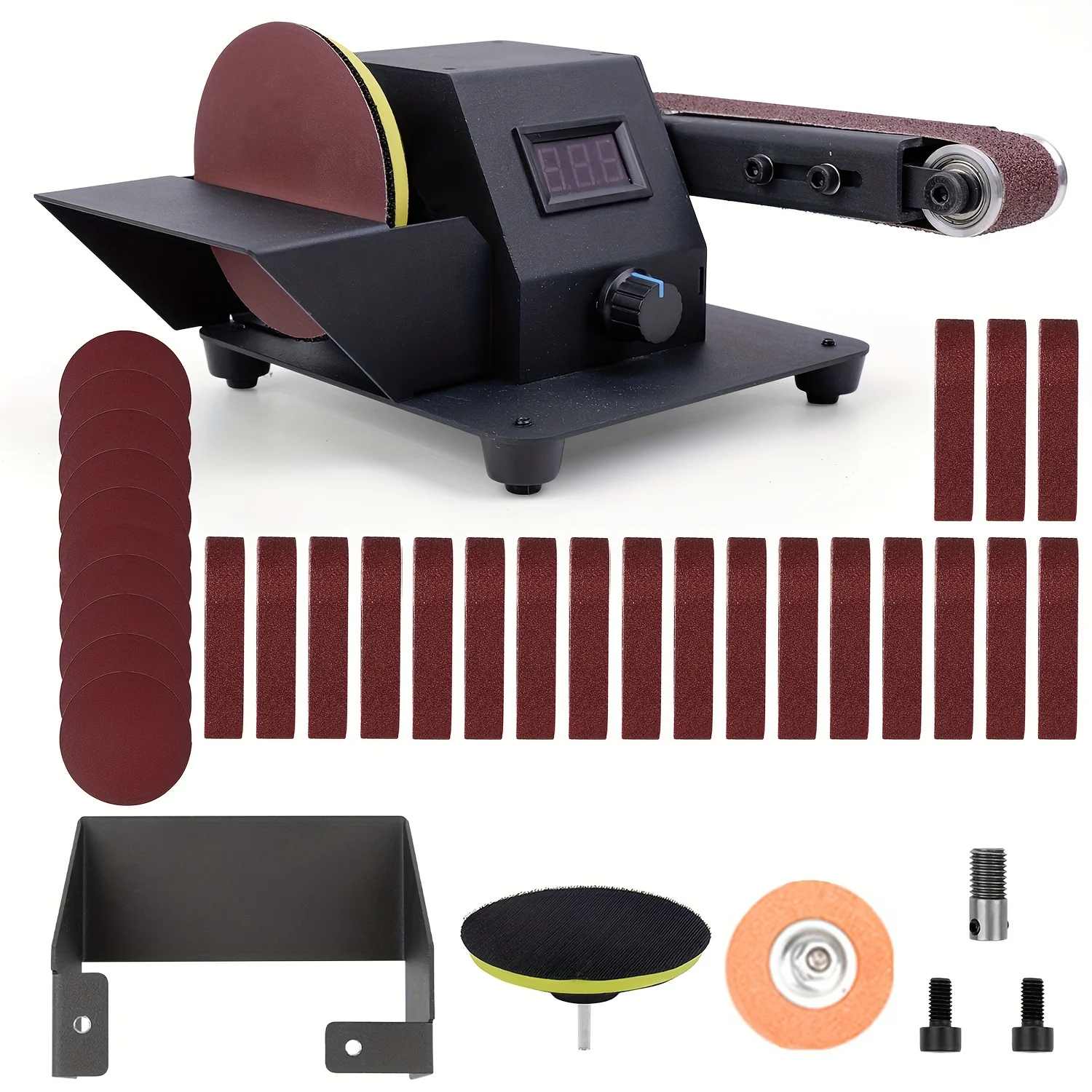 Lijadora de banda pequeña de 350W, incluye kit de conversión para amoladora de disco, 10 bandas de lijado y 10 discos de pulido redondos