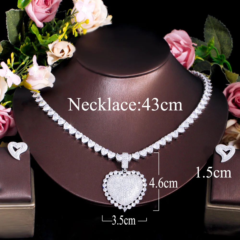 CWWZircons Bling Heart Shape Iced Out Cubic Zirconia Tennis Chain Necklace Earrings Trendy Party Jewelry Sets for Women T712